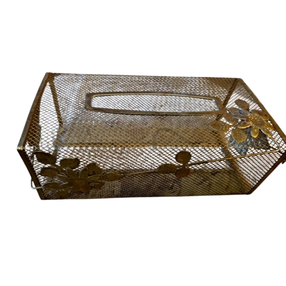 Gold Mesh Bathroom Tissue Box Floral Hollywood Regency Retro Vintage Oblong